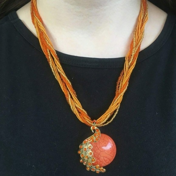 Peacock Gemstone Orange 19" Necklace - Beaded Style Multi Corded Braided - Picture 4 of 5